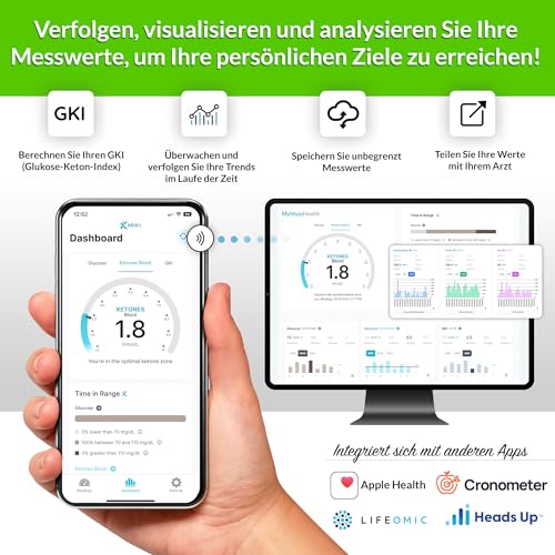 KETO-MOJO GKI Bluetooth-Glukose- & Keton-Testkit (mg/dL) + kostenlose App zur Ketose- & Diabetes-Überwachung – 20 Teststreifen (je 10), Messgerät, 20 Lanzetten, Stechhilfe & Kontrolllösungen