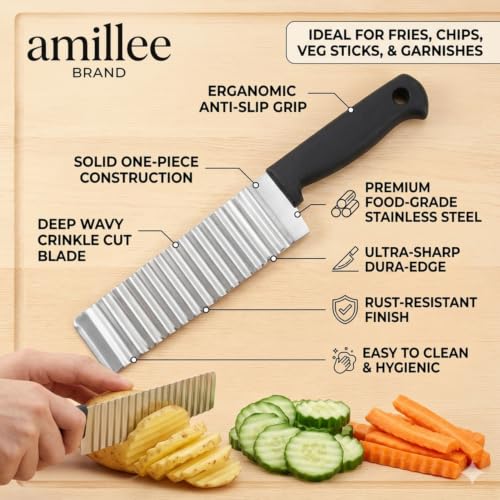 Image of Stainless Steel Potato Crinkle Cutter Knife Fork Slicing Helper Vegetable Wavy Multi-Function Chopper Knife, Safe Potato Cutter Onion Cutter French Fry Cutter