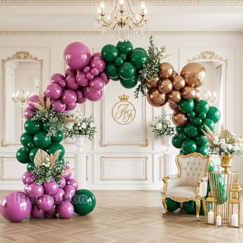 Purple Green and Champagne Gold Balloon Arch Kit – Double Stuffed Plum, Emerald, Hunter Green, and Metallic Champagne Balloons for Mardi Gras, Wedding, Birthday, Fall Party, Baby Shower