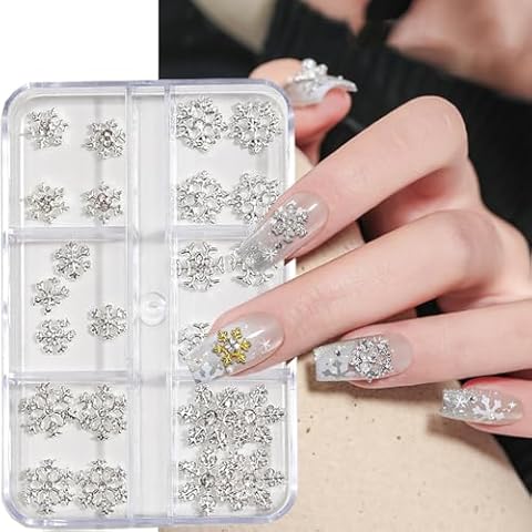 Christmas Snowflake Nail Charms, Silver Snowflake Nail Accessories Shiny Resin Snow 3D Silver Gold Metal Nail Art Alloy Charms Nail Jewelry Rhinestones Nail Art Decorations DIY Manicure Accessory Cover