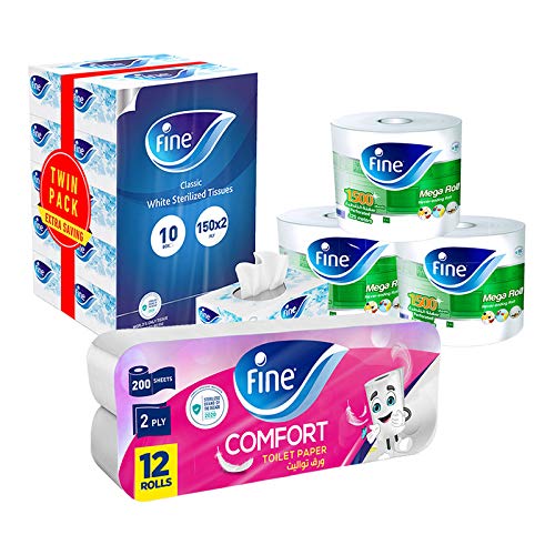 Fine Bundle Sterilized Soft Absorbent Facial Tissues Paper Box Classic 150x2ply pack of 10| Kitchen Paper Towels Mega 3 Rolls 4500 sheets | Toilet Tissue Paper Comfort 200x2 Ply 12 Rolls Sterilized