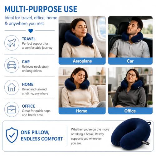 Image of Restify Premium Memory Foam Travel Neck Pillow | Soft Velvet U Shape Neck Support Cushion for Flight, Airplane, Car & Office Travel | Portable Pillow for Men & Women | Navy Blue