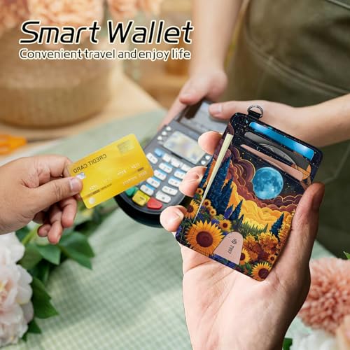 Image of Small Travel Wallets, Starry Sunflowers Cosmic Planet Slim Minimalist Front Pocket Wallet with Wristlet, RFID Blocking PU Leather Credit Card Holder with ID Window Change Purse for Men Women