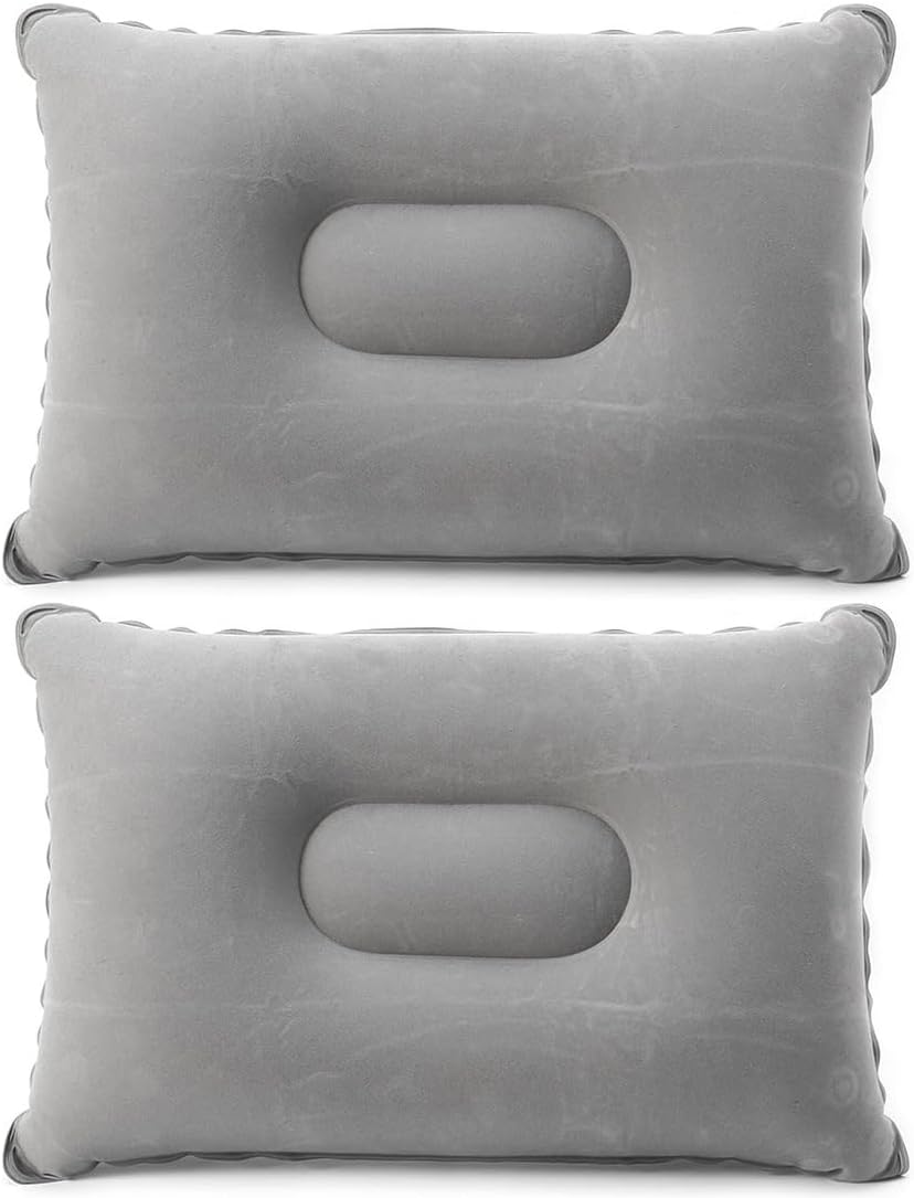 GJKLO 2 Pieces Inflatable Pillows, Compressible Ultralight, Soft Waterproof Portable Compact Blow Up Pillows for Camping Hiking, Beach, Fishing and Office Provides Ample Space 38 * 24cm (Silver Gray)