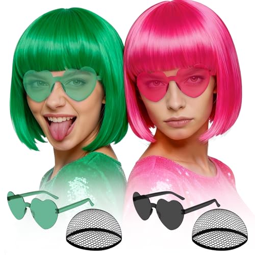 Image of MEEZY 2 Pcs Colorful Bob Wigs with Bangs Green Hot Pink for Women, Neon Funny Wig Short Bob Hair with Heart Sunglasses Hair Cap for Halloween Costume Cosplay Birthday Bachelorette Party Carnival