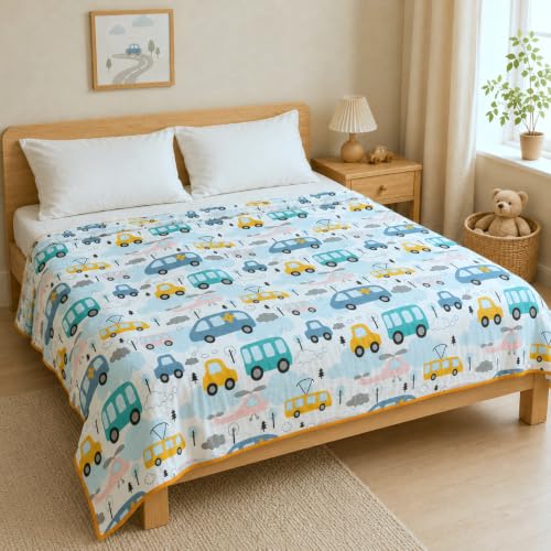 Image of LORETO - A QUALITY LINEN BRAND 100% Cambric Cotton Double Dohar 88 x 90 Inches, 3-Layer Lightweight AC Blanket with Soft Cotton Flannel Filling, Breathable Summer Quilt, Reversible, Baby Bus Blue bird