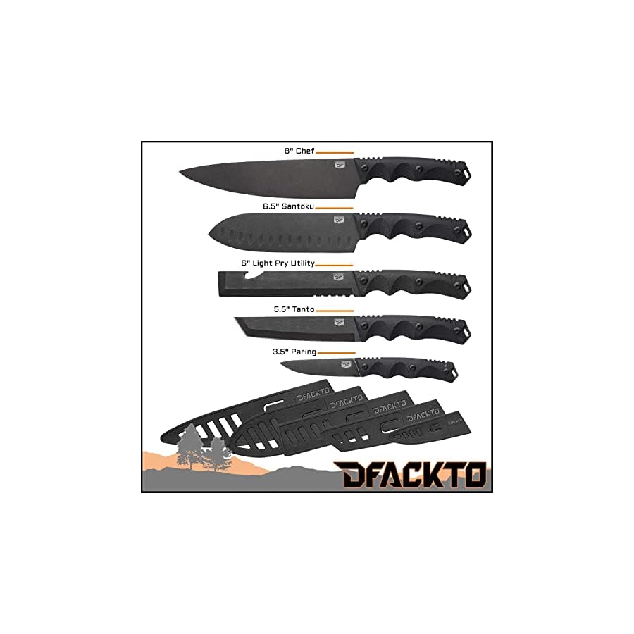 DFACKTO - 11 Piece Premium Rugged Chefs Knife Set with Sheaths and Case for Kitchen and Camping, Stonewashed High Carbon Stainless Steel Knives in Travel Kit, G10, Black Cooking BBQ Utensils