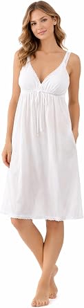 stylesilove Handmade Womens Deep V-Neck Lace Trimmed 100% Cotton White Nightgown