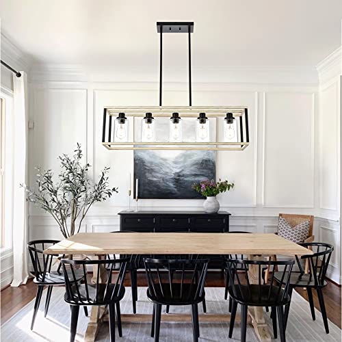 Melucee Linear Kitchen Island Lighting Black Distressed White Rustic Chandeliers For Dining Room,5 Lights Farmhouse Pendant Light Fixtures With Clear Glass Shade For Dining Room Restaurant #TOP7