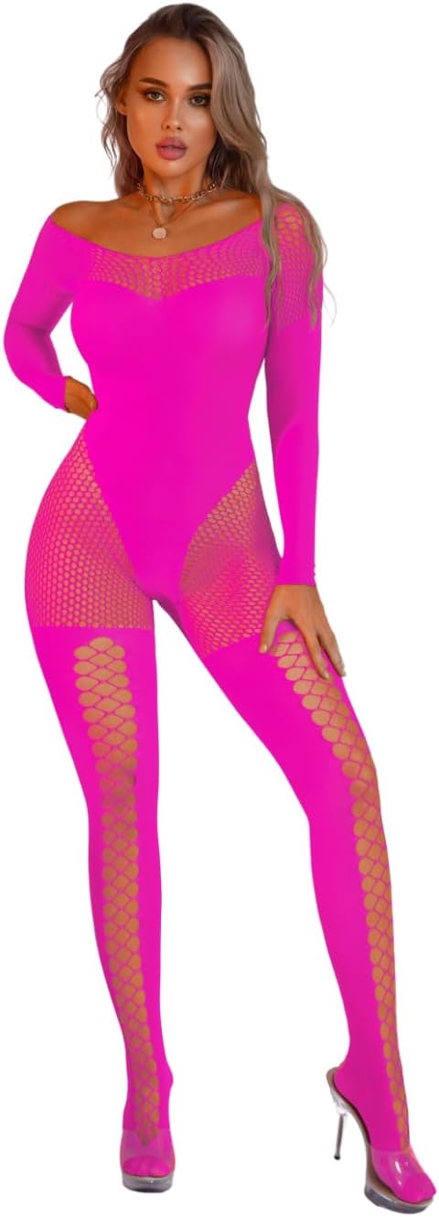 EHSUYAB Womens Sexy Full Fishnet Bodysuit, One Piece Mesh Lace Jumpsuit Body Stockings, Rave Club Poster Exotic Dancer Outfit