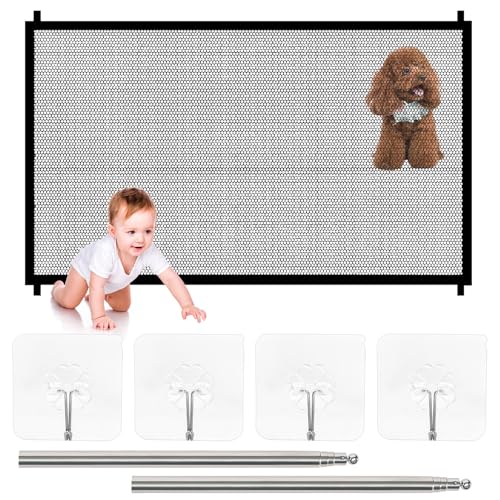 Cancelletto per Cani, Cancelletto di Sicurezza per Cani 110 x 72 cm con 4 Ganci Adesivi, Cancelletto di Sicurezza per Porte Senza Trapano per Cani e Gatti Hau Stier (Nero)