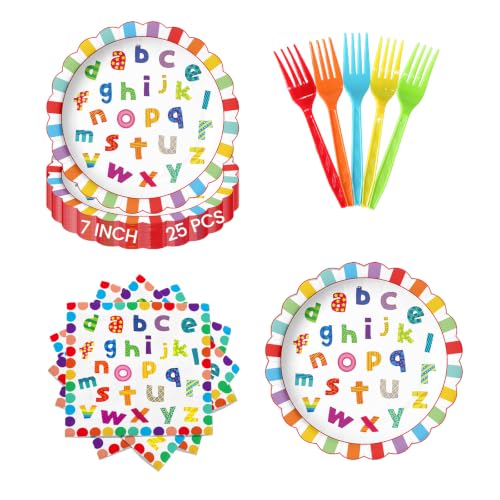 75PCS ABC 123 Party Supplies for 25 Guests – 25 7 Inch Alphabet Paper Plates, 25 Napkins, 25 Colorful Plastic Forks, Back to School Classroom Welcome Decorations, First Day of School Celebration
