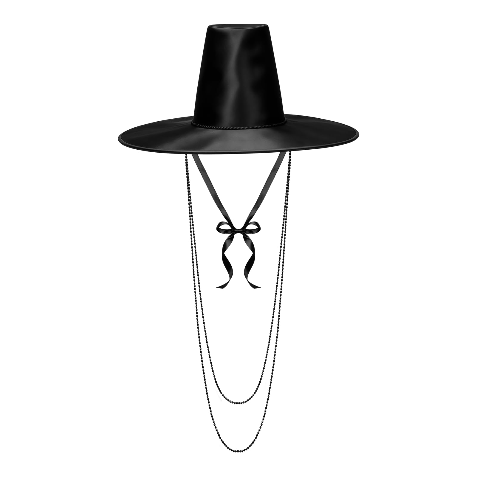 MFUOE Korean Gat Hat Demon Hunter Costume Black Top Hat Traditional Ming Dynasty Performance Hat Korean Traditional Hat Wide Brim Cosplay Cap Vintage Black Mesh Hat with Beaded Neck Strap