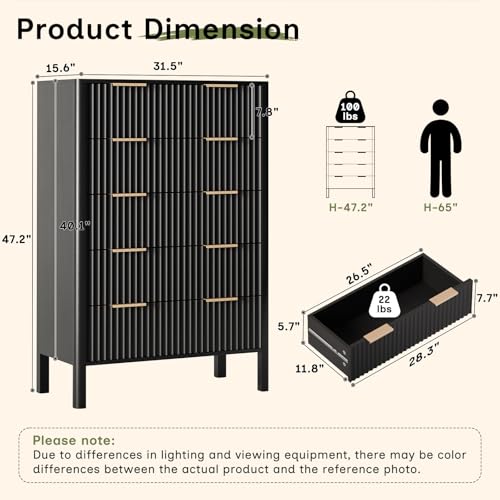 Image of 47 inch Tall Dressers for Bedroom Fluted 5 Drawer Dresser, Wooden Dresser Modern Chest of Drawers Dressers with Organizer Storage for Bedroom, Living Room, Entryway, Black