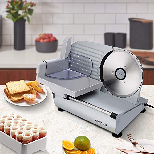 CUSIMAX Meat Slicer Electric Food Slicer with 7.5” Removable Stainless Steel Blade and Pusher, Deli Cheese Fruit Vegetable Bread Cutter, Adjustable Knob for Thickness, Food Carriage