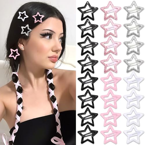 NAISKA 24Pcs Black Pink Sequins Star Hair Clips Y2K Star Snap Hair Barrettes for Women Cute Small Metal Clips for Hair Kawaii Metal Pentagram Hair Pins Girls Barrettes for Hair 2000s Hair Accessories