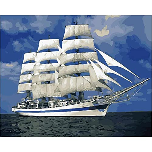 Pintar por Numeros Velero Mar DIY Pintura al Óleo por Adultos Niños Descompresión de Rompecabezas Decoración del Hogar Pinturas 16 x 20 Pulgadas Con Marco Cover