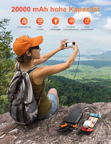 Solaire Power Bank 20000mAh, Chargeur Portable avec 4 Panneaux Solaire, 4 Câbles, Banque d'Énergie Solaire USB C avec Batterie Externe et 2 Lumières de Poche LED, pour Smartphones, Tablettes(Orange) – Image 6