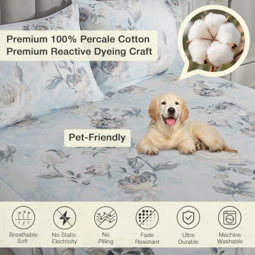 Image of Dusty Blue Vintage Floral Percale Bed Sheets Full Size Deep Pocket | 100% Cotton Shabby Flower Chic Sheet Set, Peony Printed Farmhouse Sheets, Luxury Toile Bedding, Cottagecore, Soft Crisp, 4Pcs