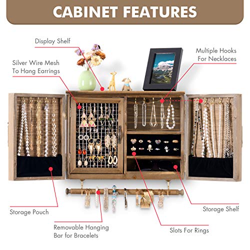 Sunix Wooden Jewelry Organizer Wall Mounted Rustic Jewelry Holder With Wooden Barn Door For Necklaces Earrings Bracelets Ring, And Removable Bracelet Rod With Hooks Organizer For Hanging Jewelry #TOP2