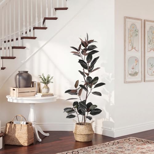 AQUGQ Artificial Rubber Tree 5FT Tall Faux Plants Indoor Artificial Trees Potted - Fake Tree with White Planter Large Floor Plant for Home Office Room Outdoor Decor