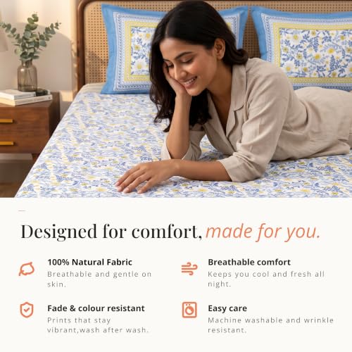 Image of Naksh Queen Size Bed Sheet Blue Floral Print 90 inch x 108 inch