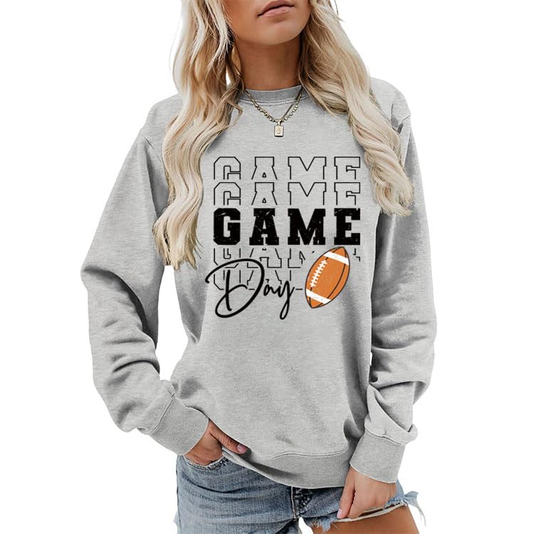 CEZOUAE Game Day Sweatshirts for Women Football Fan Sweatshirt Letter Graphic Print Pullover Crewneck Long Sleeve Top Grey