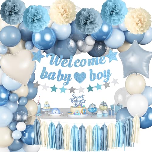Dusty Blue Baby Shower Decorations for Boy Welcome Baby Boy Banner Slate Light Metallic Blue White Sand Latex Balloons with Pom Poms Cake Topper Tassel for Boho Baby Shower Birthday Party Supplies