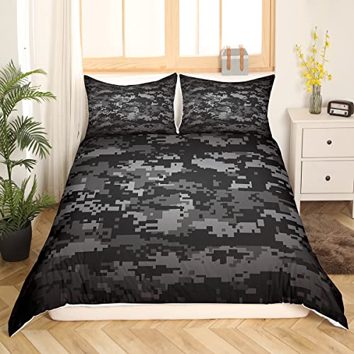 Erosebridal Camouflage Duvet Cover Queen Military Camo Bedding Set ,Black White Gray Camo Comforter Cover For Boys Teens Men,Retro Cool Abstract Art Quilt Cover 2 Pillow Cases Bedroom Decor #TOP13