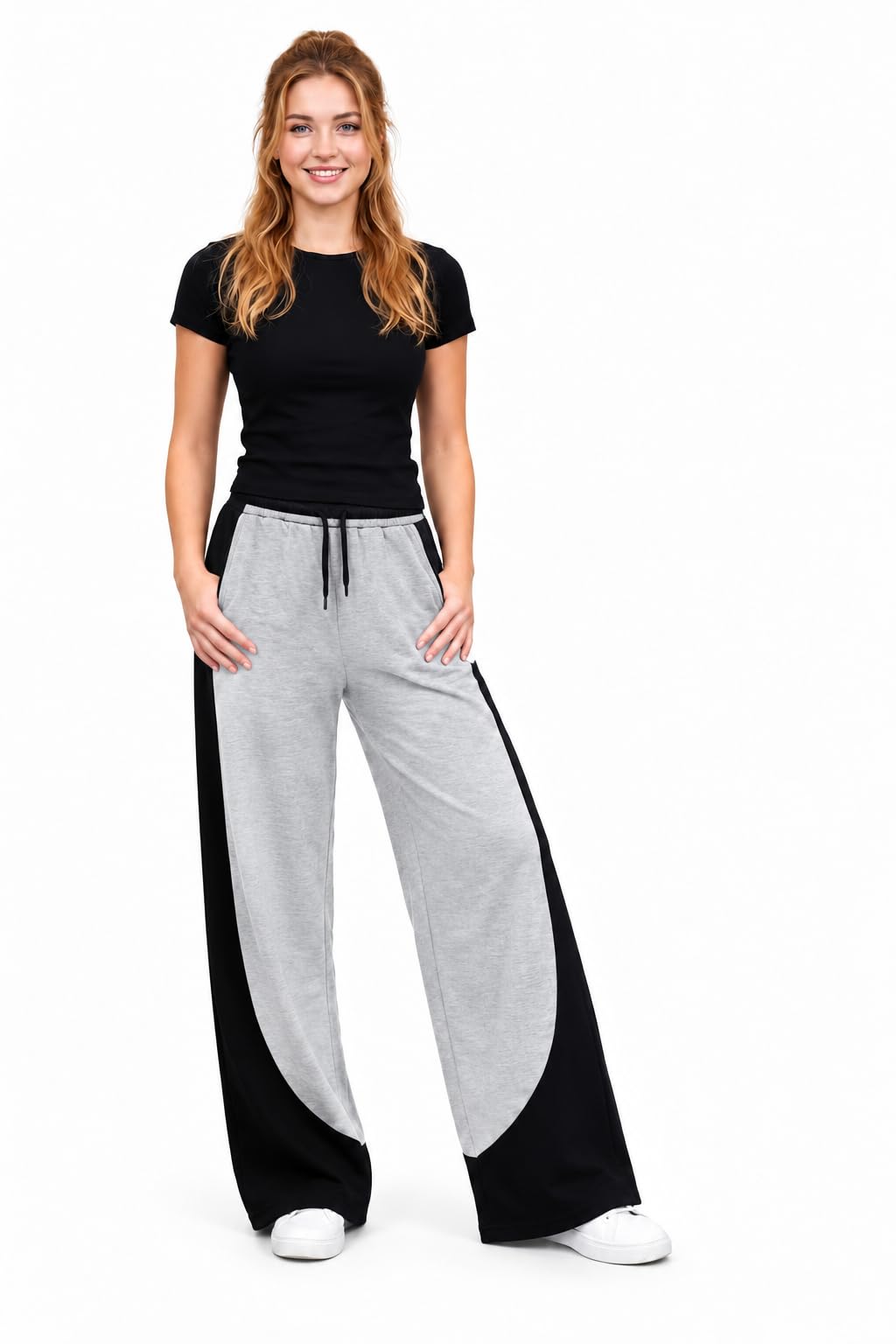 Women Wide Leg Colour Block Drawstring Sweatpants (Black)-image-10