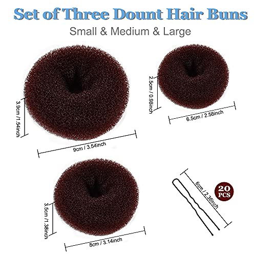TsMADDTs Máquina de fazer coque de cabelo de rosquinha, 3 peças marrom escuro estilo anel com 20 pin