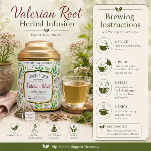 Image of Sancha Tea Boutique Valerian Root Herbal infusion Blend |Imported Valerian for Stress Relief & Better Sleep | With Vanilla,Chamomile, Rose, Lemongrass, Lavender & Cloves| 25 Pyramid Tea Bags |Caffeine Free
