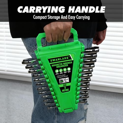 Image of 2-Piece Magnetic Wrench Organizer, Metric & SAE Portable Plastic Wrench Holder, 24-Slot Total, Foldable Carrying Handle for Wall-Mounted, Easy-Open Lock Cover, Wrenches Storage Rack Tool for Tool Box