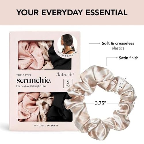 Kitsch Satin Hair Scrunchies For Women - Softer Than Silk Scrunchies For Hair | Satin Scrunchies For Girls & Stylish Satin Hair Ties For Women | Cute Satin Hair Scrunchie For Styling, 5 Pack (Assorted) #TOP1