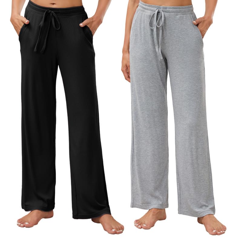 HEARTNICE 2 Pack Women's Pajamas Pants with Pockets Wide Leg Lounge Casual Loose Comfy Stretch Rib Yoga Sweatpants