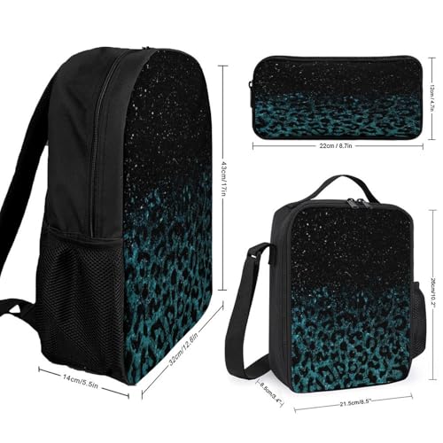 Green Glitter Leopard Print Backpack Set 3 Pieces Backpacks Lunch Bag Wallet For Travel Outdoor Sports2