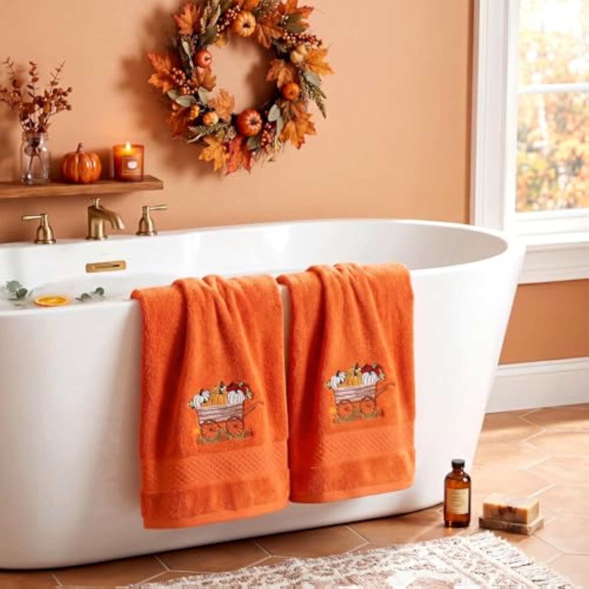 Cotton Embroidered Orange Pumpkin Wagon Decorative Dish Towels Set