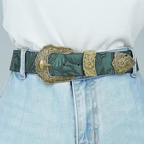 Green,110CM/43.3'',Trendy Floral Western Belts for Women Cowgirl Cowboy Country Belt with Silver Carved Gold Buckle4