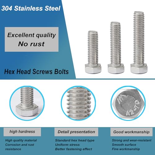 Image of M6-1.0 x 60mm Hex Head Screws Bolts, M6 x 1.0 Bolt, 304 Stainless Steel(A2-70), Hexagon Head Bolts, Metric Fully Thread, Bright Finish, Quantity 10