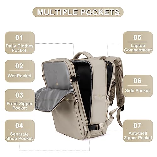 Image of coofay Laptop Travel Backpack For Women Men Airline Approved Carry On Bags For Airplanes Underseat Luggage Backpack For Traveling On Airplane Personal Item Travel Bag For Airlines Light Brown