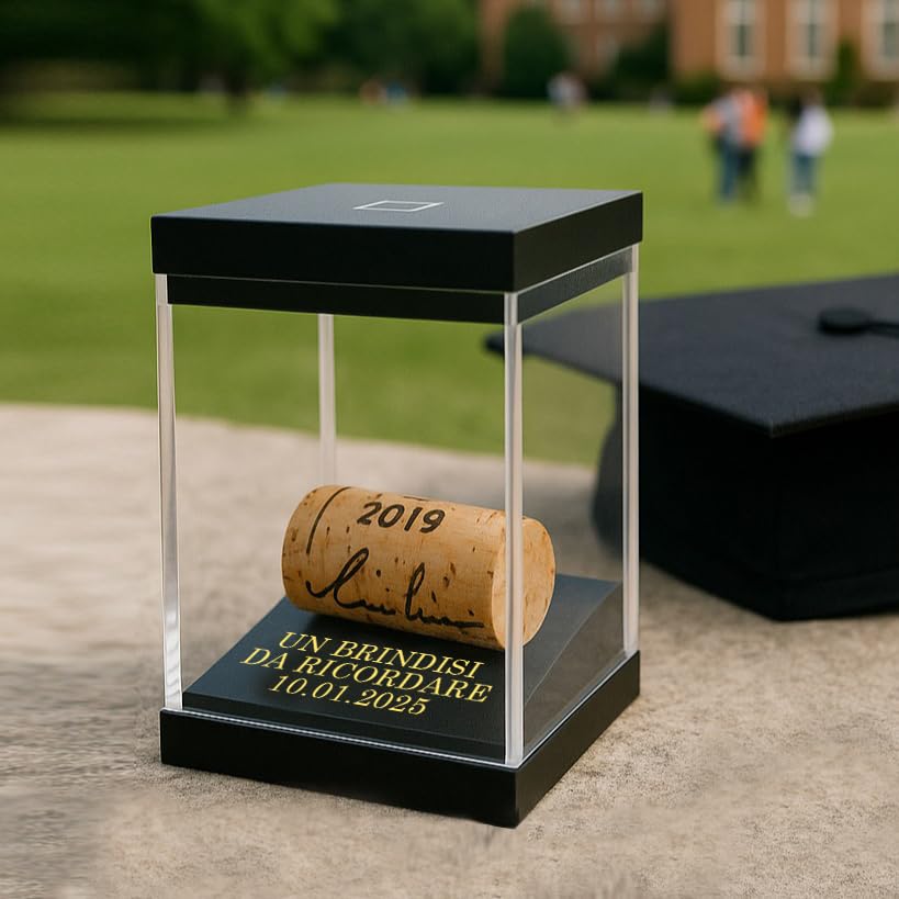 MEMORY BOX LED DELUXE - CON DEDICA PRESTAMPATA - Espositore Tappi Vino e Champagne - Idea regalo o bomboniera per eventi, compleanni, anniversari - Plexiglass Trasparente, Illuminazione LED
