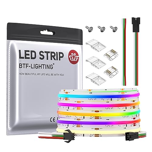 BTF-LIGHTING FCOB SPI RGBWW(3000K) Tira de LED flexible de alta densidad COB WS2814 IC RGBW Tira LED 5M 784LEDs/M 21W/M DC24V Blanco PCB IP30 Color de persecución(No contiene controlador&alimentación)