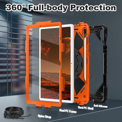 Image of WESOROL Case for Samsung Galaxy Tab S10 Lite /S10 FE /S9 FE 10.9 Inch Galaxy Tab S9 11 Inch,Shockproof Cover for Samsung S9 FE Tablet Case with Screen Protector Rotate Stand Pen Holder,Black Orange