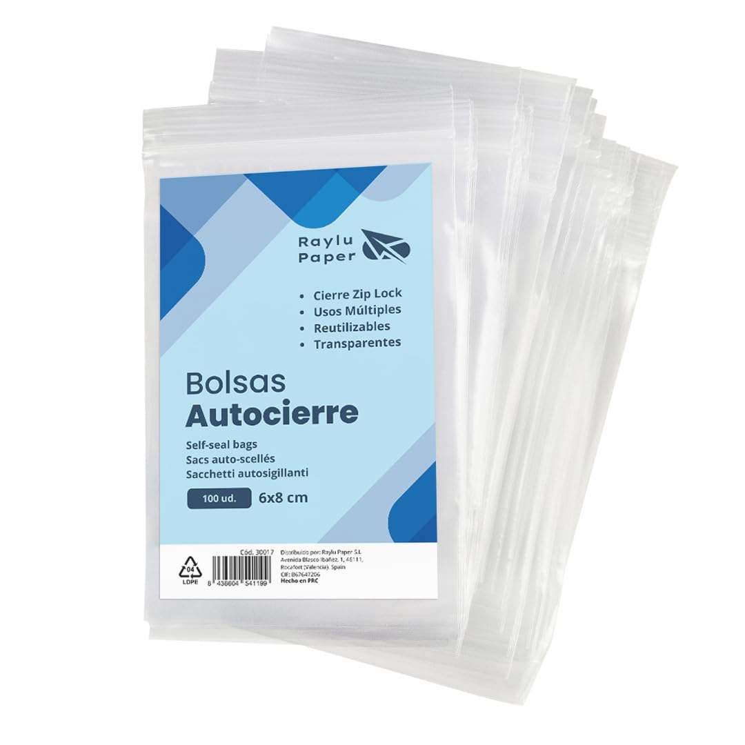 RAYLU PAPER - Bolsas Auto Cierre Zip, Pack de 100 Bolsas de Plástico Transparente Reutilizables, usos Múltiples, Hecho en Europa (10 x 15) — view 15