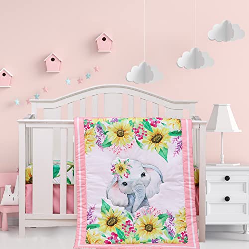 Image of Cloele Crib Bedding Set for Baby Girls - 3 Piece Elephant Baby Bedding Set includes Pink Crib Skirt Crib Quilt Fitted Sheet - Sunflower Soft Nursery Comforter Bedding Set for Girls