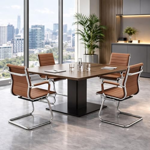 Image of Conference Room Chairs Set of 4, Waiting Room Chairs with Arms, Faux Leather Reception Chairs No Wheels, Office Guest Chairs with Mid Back Support and Chrome Sled Base, Cafe