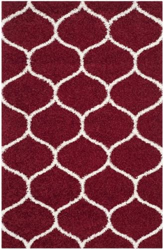 Image of SWEET HOMES Super Ultra Soft Shaggy Handcrafted Anti-Skid Silk Touch Rectangular Carpet. Size 3X5 Feet, Colour, Red /Ivory