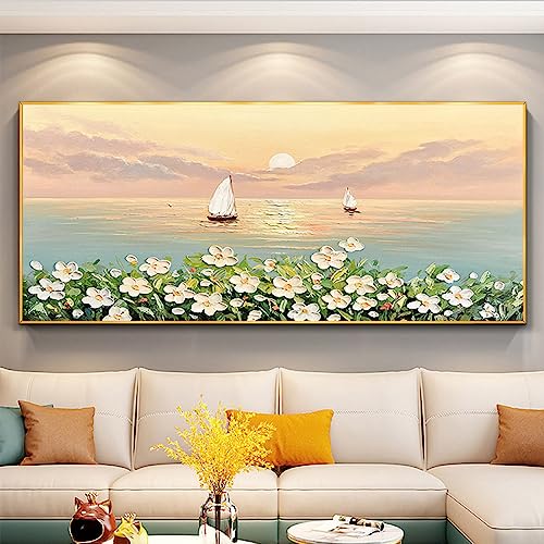 Tableau Peinture Huile Sur Toile Grand Format,Peintures À L'Huile Originales Peintes À La Main Lever Du Soleil Fleur Océan Art Images Horizontales Sans...