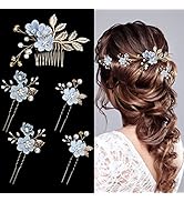 5 Pieces Wedding Flower Hair Pins for Women Hair Accessories Gold Rhinestone Hair Clips Pearl Sid...