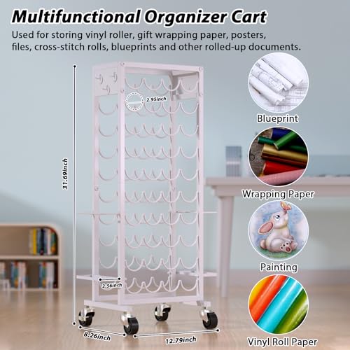 Mobile Vinyl Roll Holder Cart - 40 Compartments Vinyl Storage Organizer with 6 Hooks & Extra Paper Roll Organizer Tray on 2 Side, Cricut Vinyl Storage Rack Gifts Wrapping Paper Holder for Craft Room - Image 6